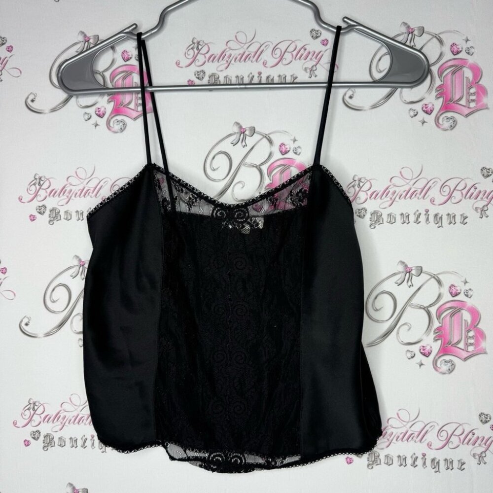 French maid tank top lace trim middle vintage coquette Black Lace Camisole Top